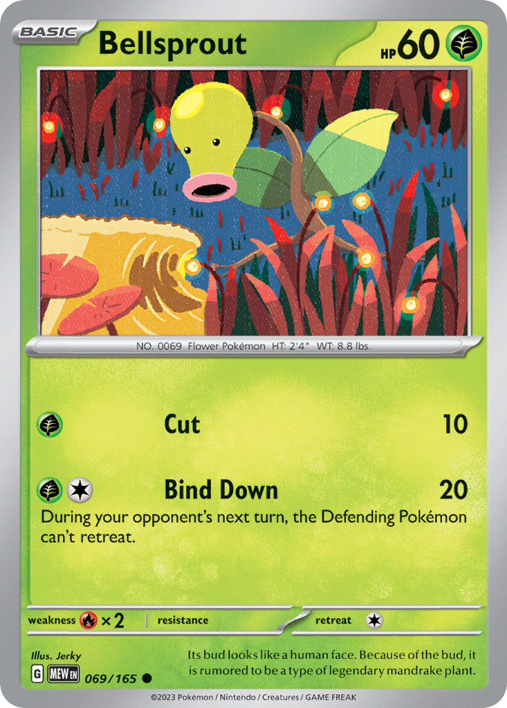 Bellsprout Grass-type card #069 from Pokemon 151, swaying in a gentle forest breeze.