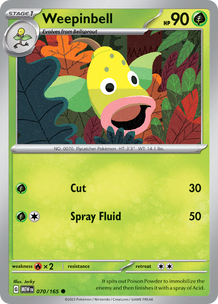 Weepinbell Stage 1 card #070 from Pokemon 151, hanging from a tree in a rainforest.