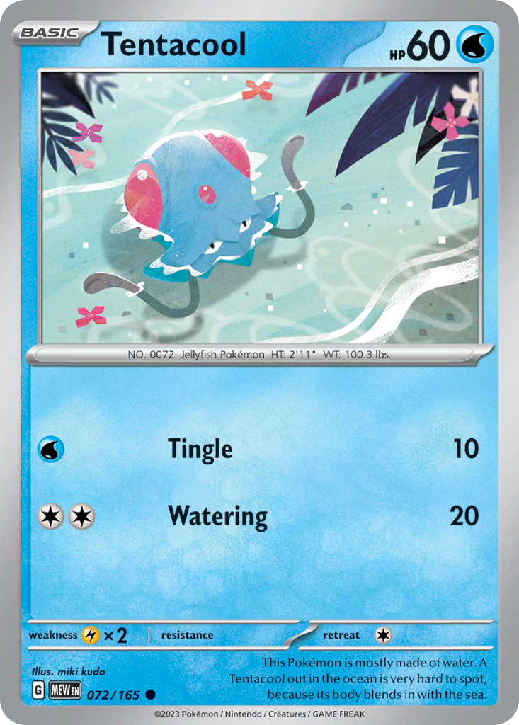 Tentacool Water-type card #072 from Pokemon 151, drifting in the ocean with red gems.