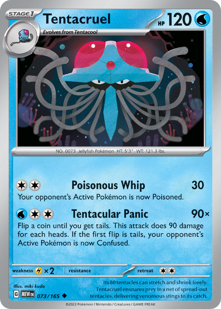 Tentacruel Stage 1 card #073 from Pokemon 151, a large jellyfish Pokemon.