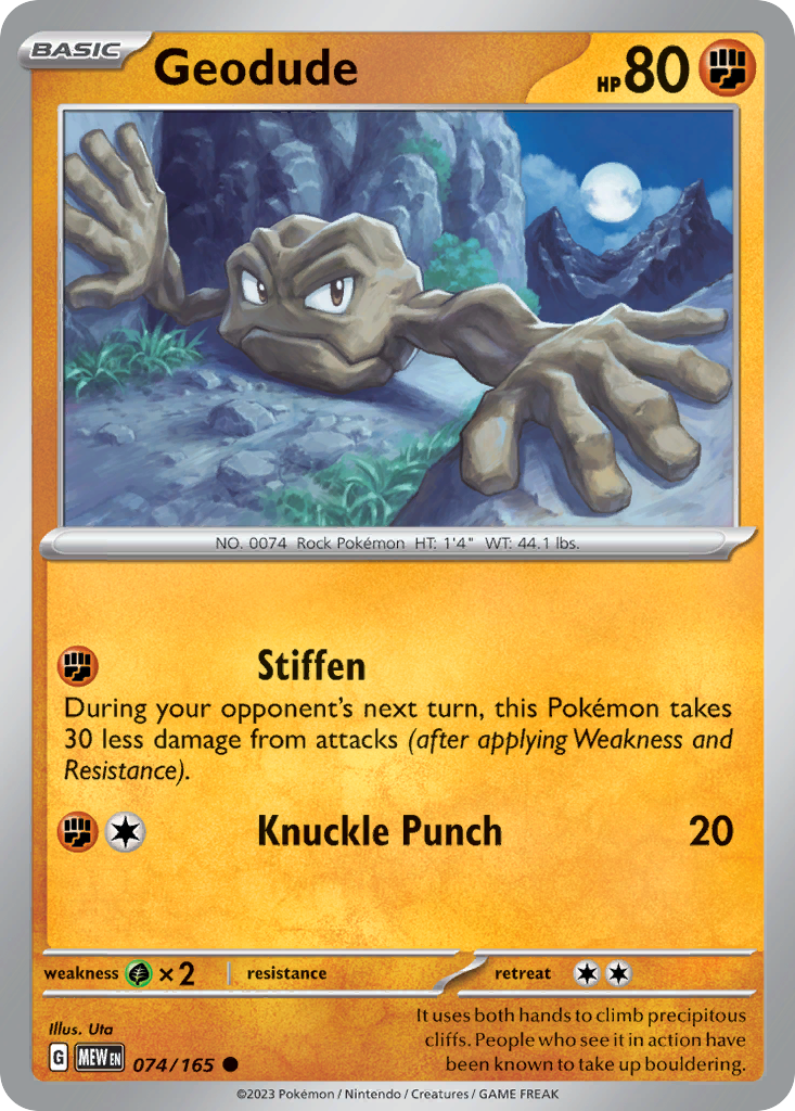 Geodude Fighting-type card #074 from Pokemon 151, hovering over a rocky path.