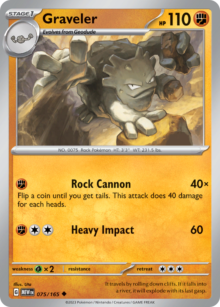 Graveler Stage 1 card #075 from Pokemon 151, rolling down a steep hill.