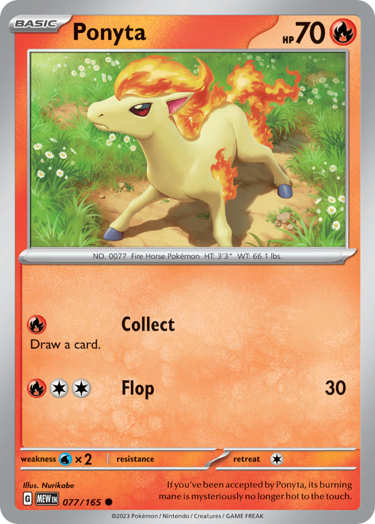 Ponyta Fire-type card #077 from Pokemon 151, galloping across a grassy plain.