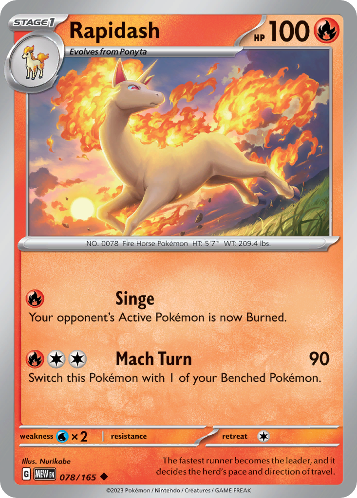 Rapidash Stage 1 card #078 from Pokemon 151, leaping through the air with fire.