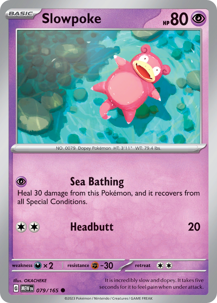 Slowpoke Psychic-type card #079 from Pokemon 151, lying lazily by a riverbank.