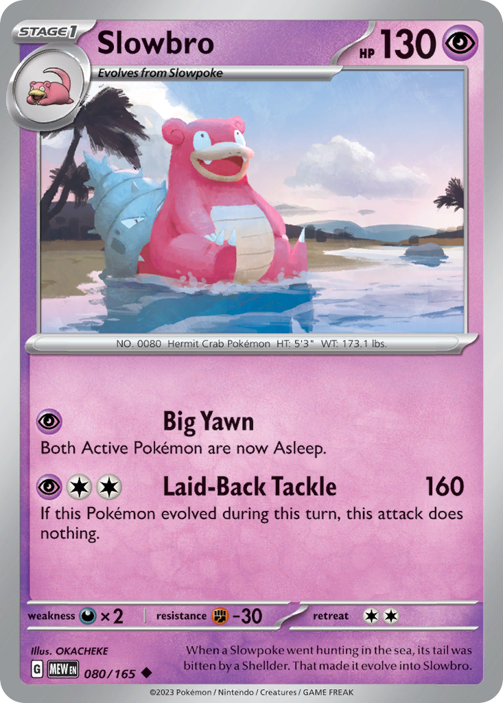 Slowbro Stage 1 card #080 from Pokemon 151, standing on a beach with a Shellder.