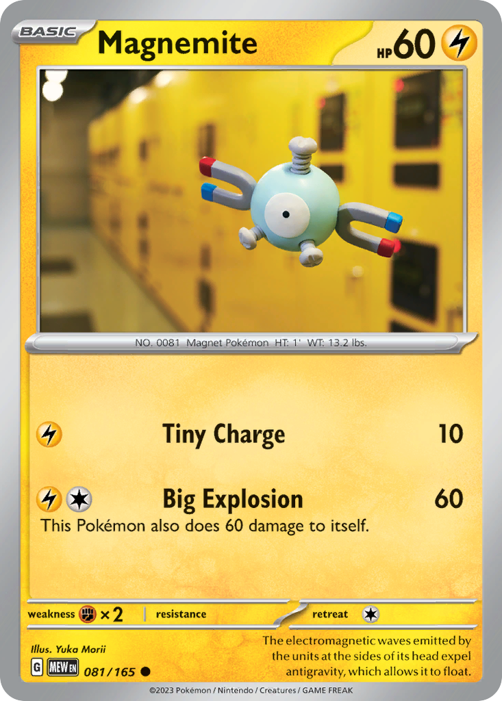 Magnemite Lightning-type card #081 from Pokemon 151, hovering near a substation.