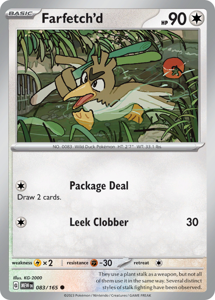 Farfetch'd Colorless-type card #083 from Pokemon 151, holding a green leek stalk.