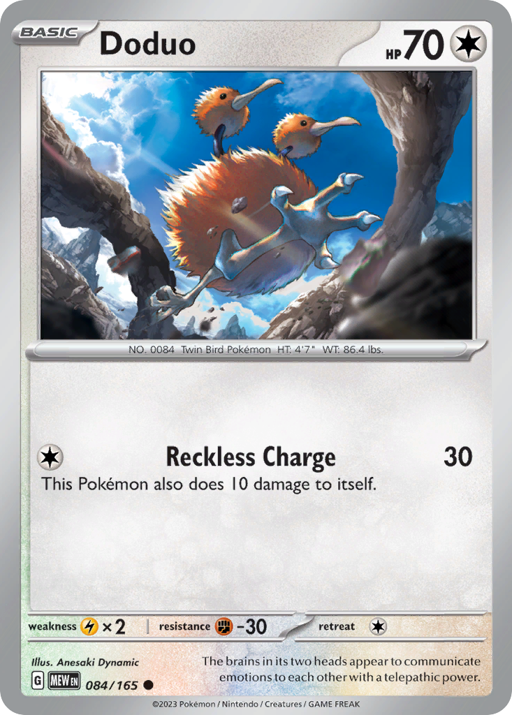 Doduo Colorless-type card #084 from Pokemon 151, the two-headed bird running.