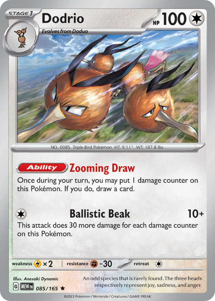 Dodrio Stage 1 card #085 from Pokemon 151, a three-headed flightless bird.