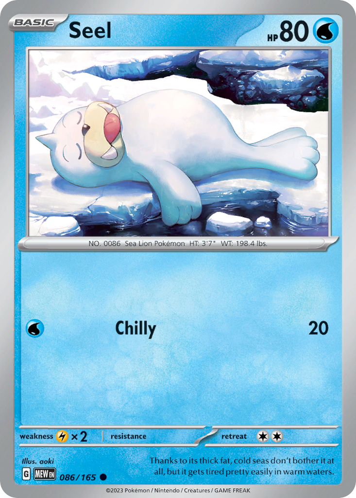 Seel Water-type card #086 from Pokemon 151, resting on a bright white iceberg.