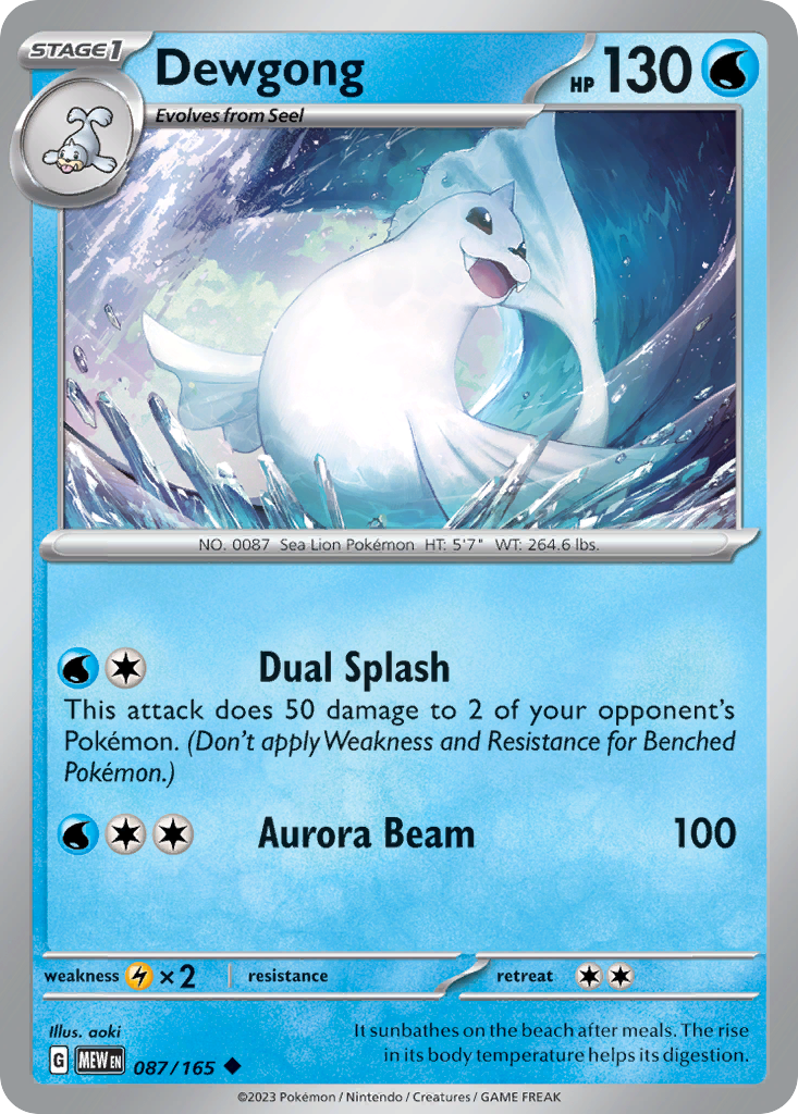 Dewgong Stage 1 card #087 from Pokemon 151, swimming in arctic waters.