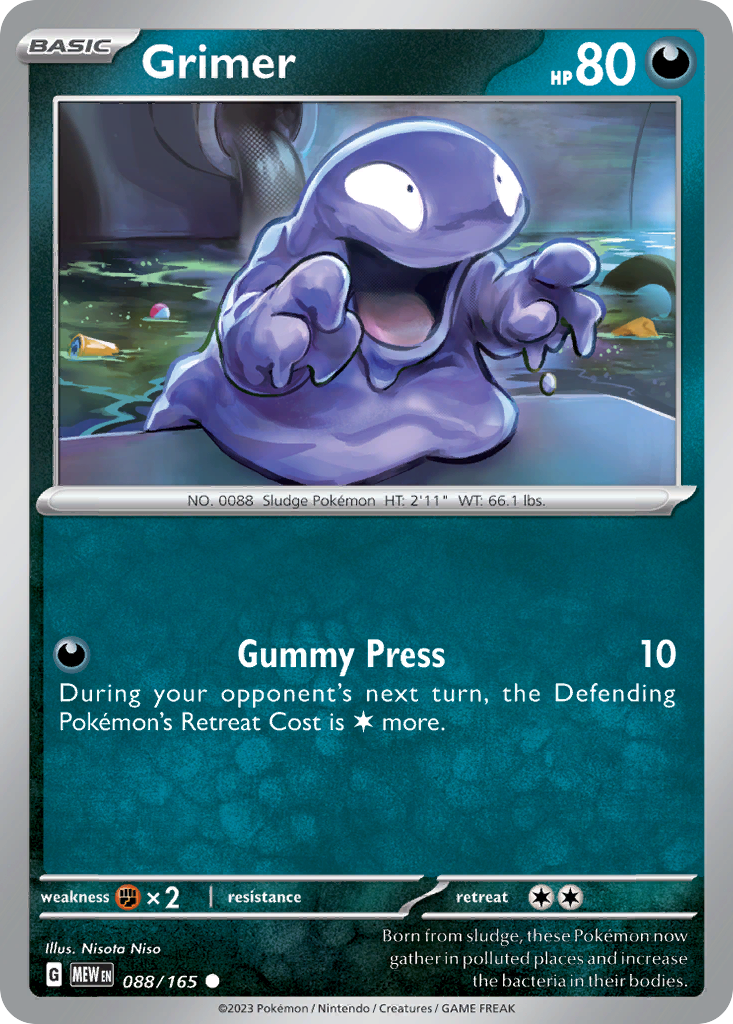 Grimer Darkness-type card #088 from Pokemon 151, emerging from a city sewer.