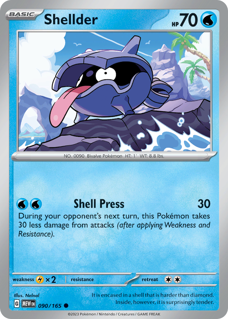 Shellder Water-type card #090 from Pokemon 151, floating with its tongue out.