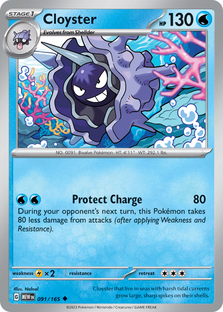 Cloyster Stage 1 card #091 from Pokemon 151, showing its spiked purple shell.