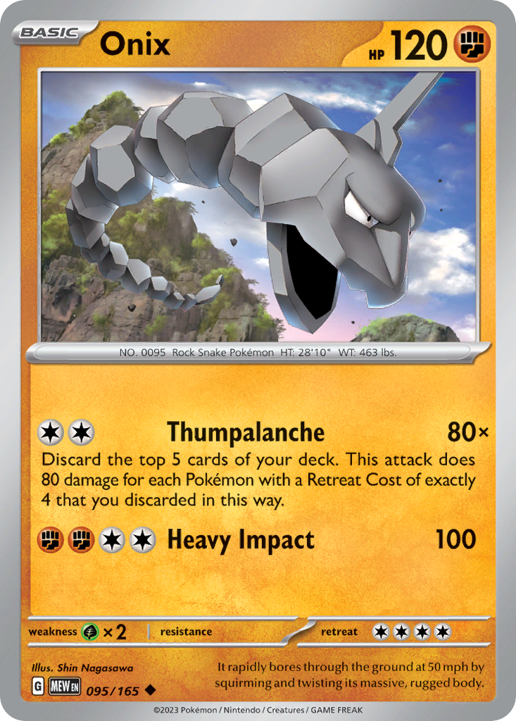 Onix Fighting-type card #095 from Pokemon 151, a massive rock snake tunneling.