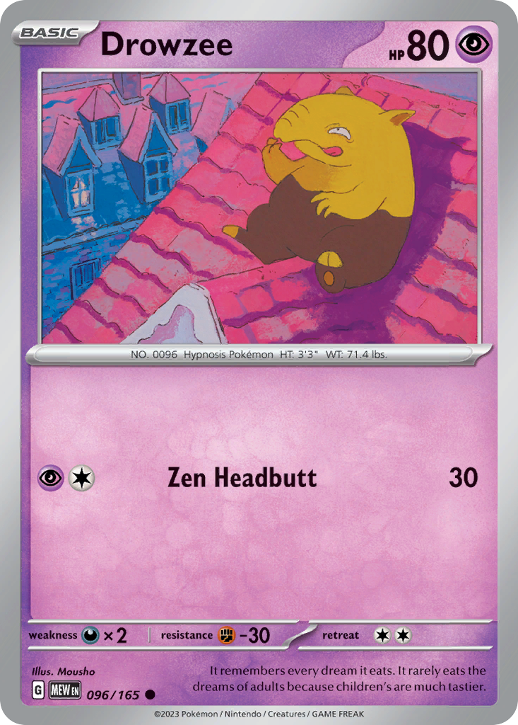 Drowzee Psychic-type card #096 from Pokemon 151, standing in a dark forest.