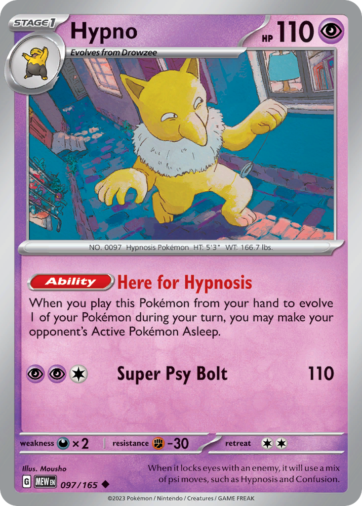 Hypno Stage 1 card #097 from Pokemon 151, swinging its pendulum.
