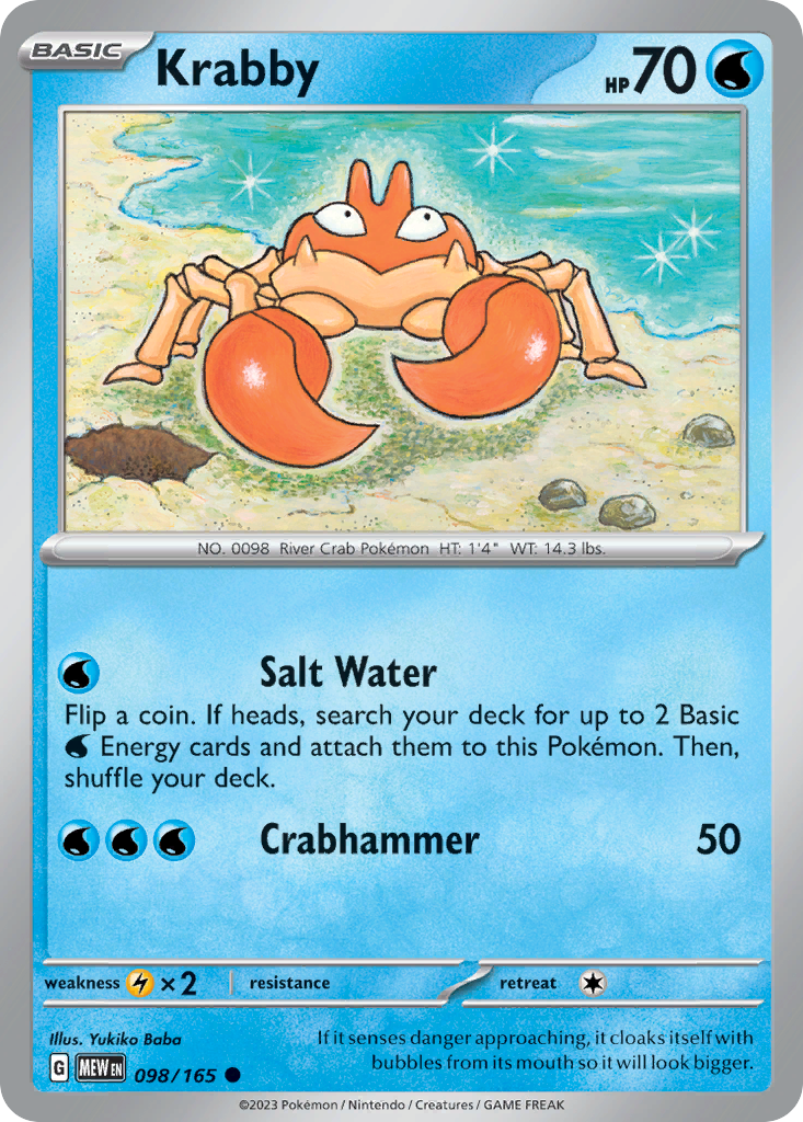 Krabby Water-type card #098 from Pokemon 151, walking sideways on a beach.