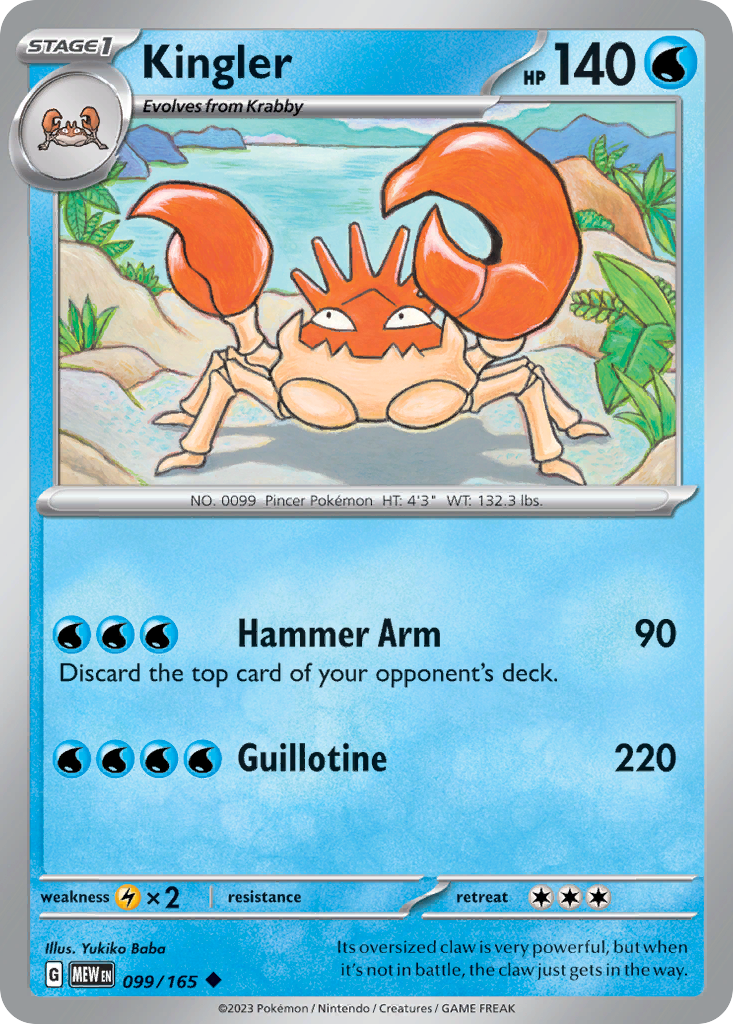 Kingler Stage 1 card #099 from Pokemon 151, showcasing its massive pincer.