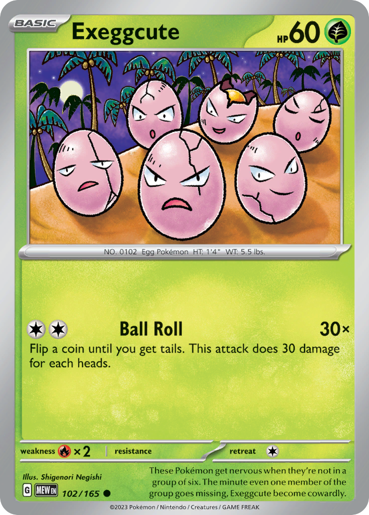 Exeggcute Grass-type card #102 from Pokemon 151, six seed Pokemon in a forest.