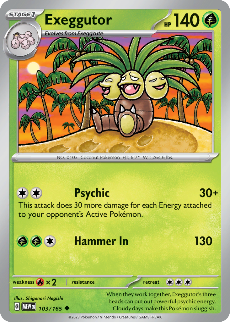 Exeggutor Stage 1 card #103 from Pokemon 151, a tall three-headed palm tree.