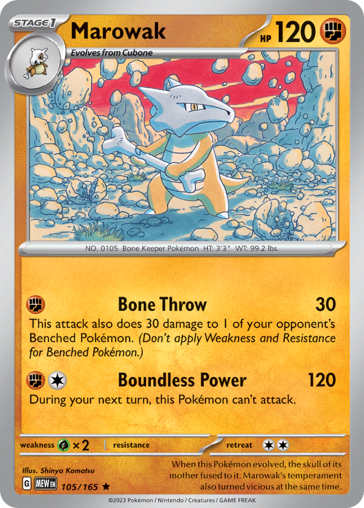 Marowak Stage 1 card #105 from Pokemon 151, brandishing a bone club in a canyon.