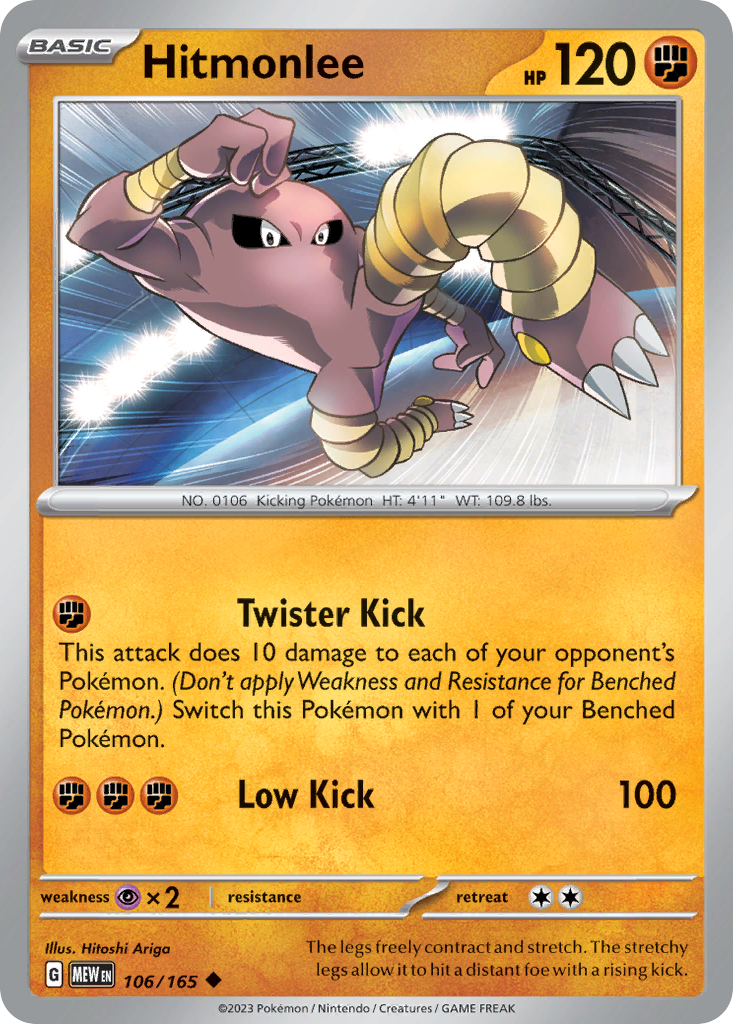 Hitmonlee Fighting-type card #106 from Pokemon 151, performing a powerful high kick.