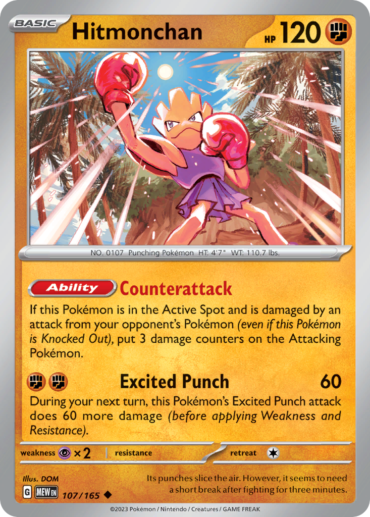 Hitmonchan Fighting-type card #107 from Pokemon 151, throwing a punch.