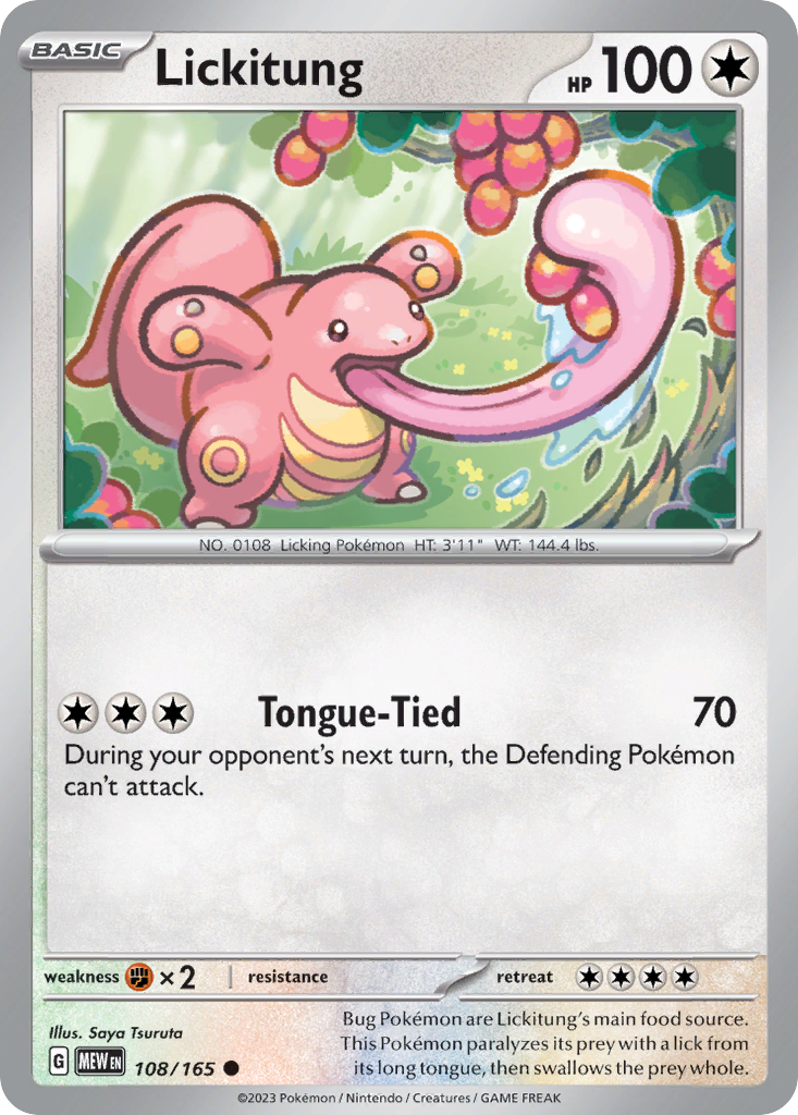 Lickitung Colorless-type card #108 from Pokemon 151, showing its long tongue.