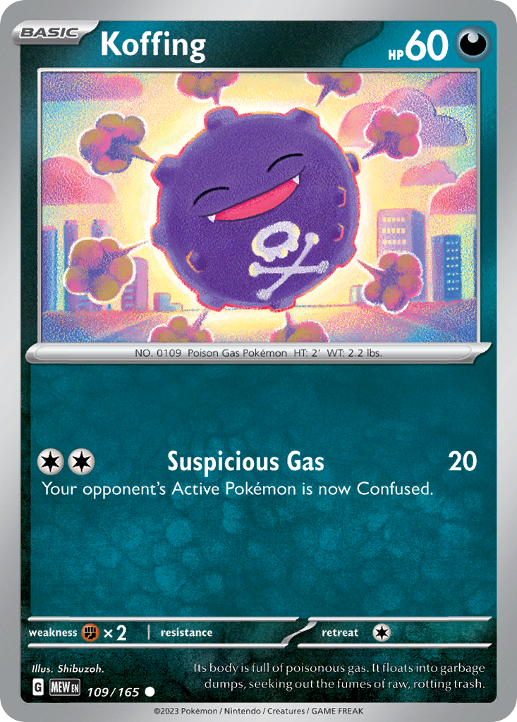 Koffing Darkness-type card #109 from Pokemon 151, emitting poisonous gas.