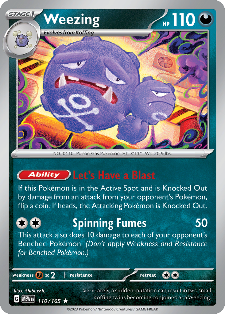 Weezing Stage 1 card #110 from Pokemon 151, a dual-headed Poison Pokemon.
