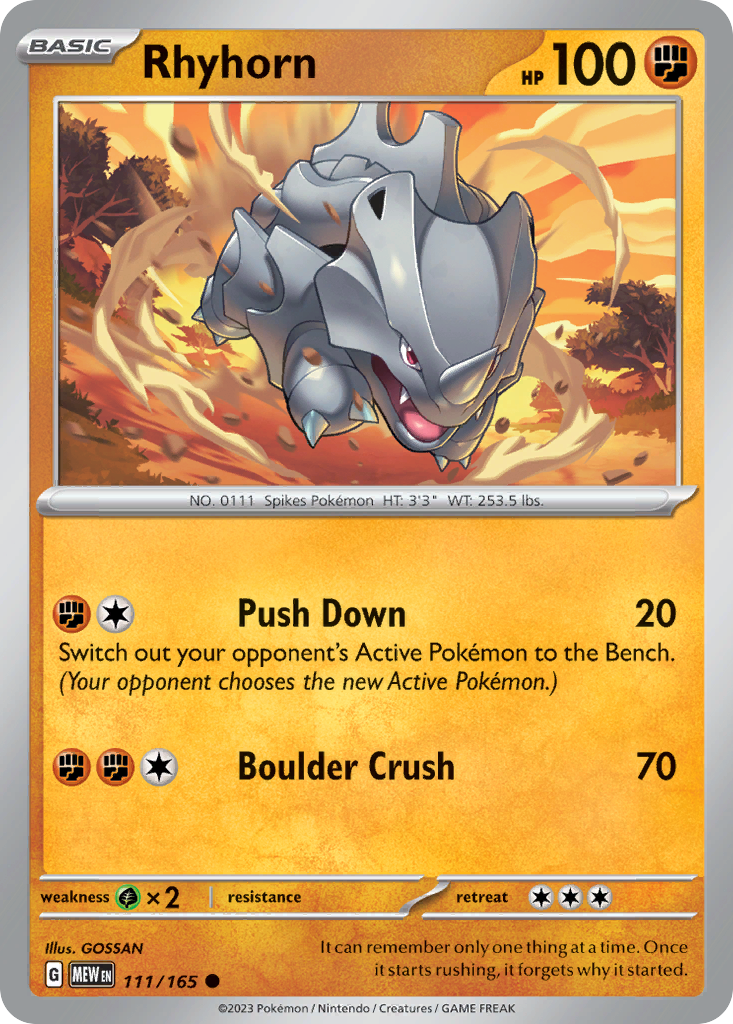 Rhyhorn Fighting-type card #111 from Pokemon 151, charging across cracked earth.