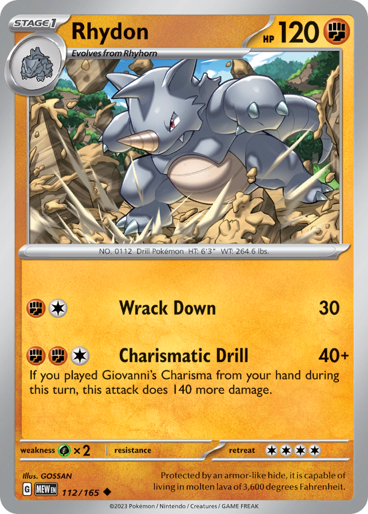 Rhydon Stage 1 card #112 from Pokemon 151, standing in a rocky volcanic environment.