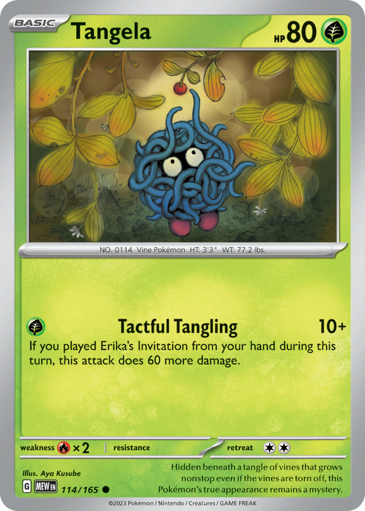 Tangela Grass-type card #114 from Pokemon 151, blue vines hiding in a bush.