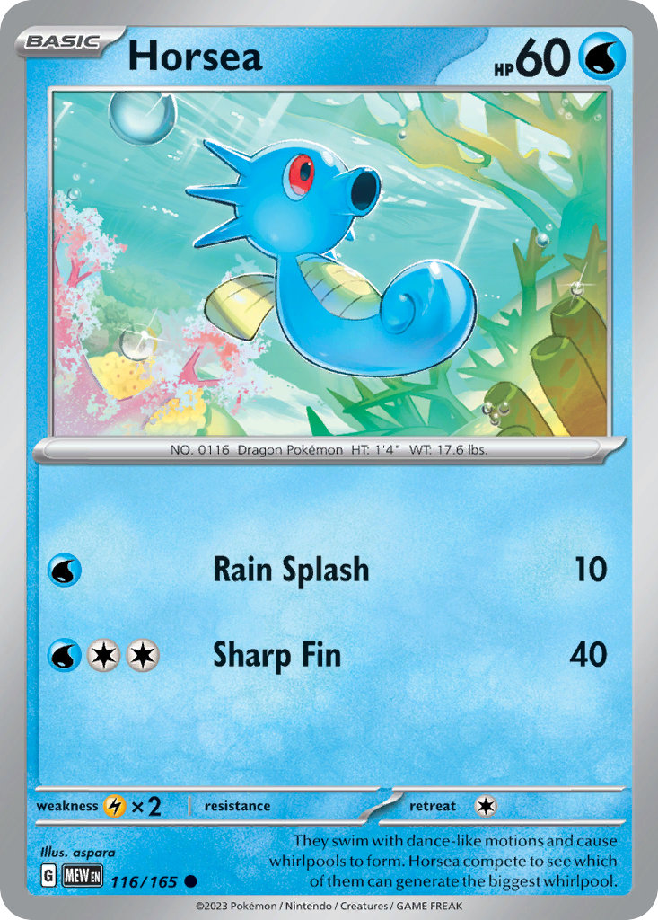 Horsea Water-type card #116 from Pokemon 151, a small blue seahorse in coral.