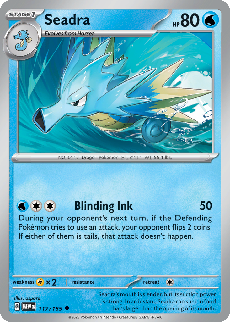 Seadra Stage 1 card #117 from Pokemon 151, an elegant blue sea Pokemon.
