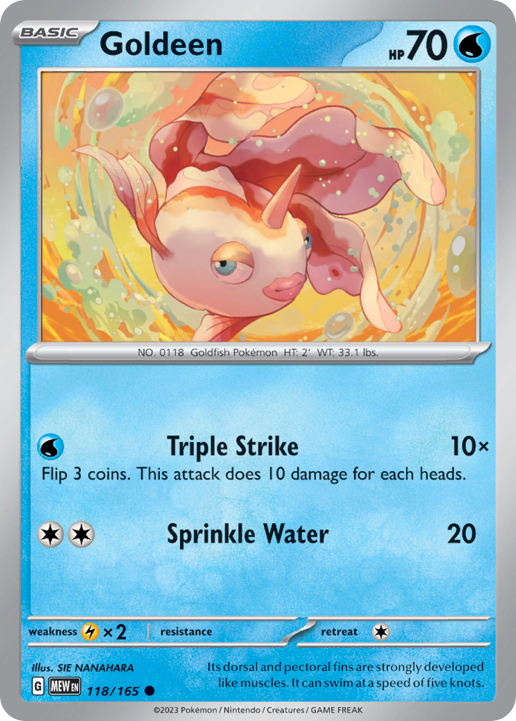 Goldeen Water-type card #118 from Pokemon 151, swimming in a clear stream.