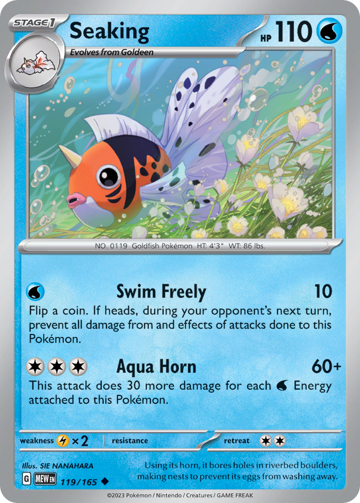Seaking Stage 1 card #119 from Pokemon 151, orange and white patterns in water.