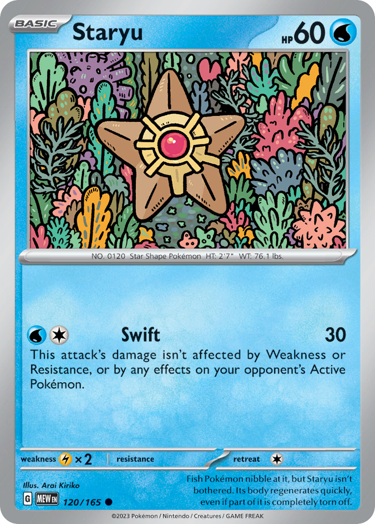 Staryu Water-type card #120 from Pokemon 151, floating with its red core glowing.