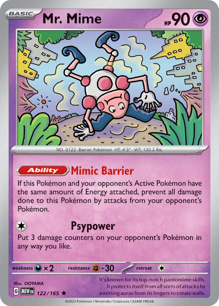 Mr. Mime Psychic-type card #122 from Pokemon 151, miming an invisible wall.
