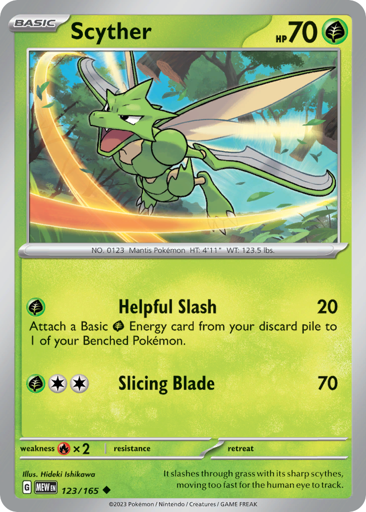 Scyther Grass-type card #123 from Pokemon 151, a green mantis with scythes.