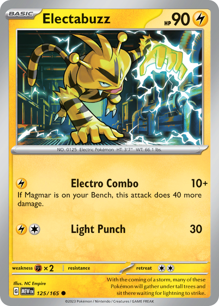 Electabuzz Lightning-type card #125 from Pokemon 151, standing near power lines.