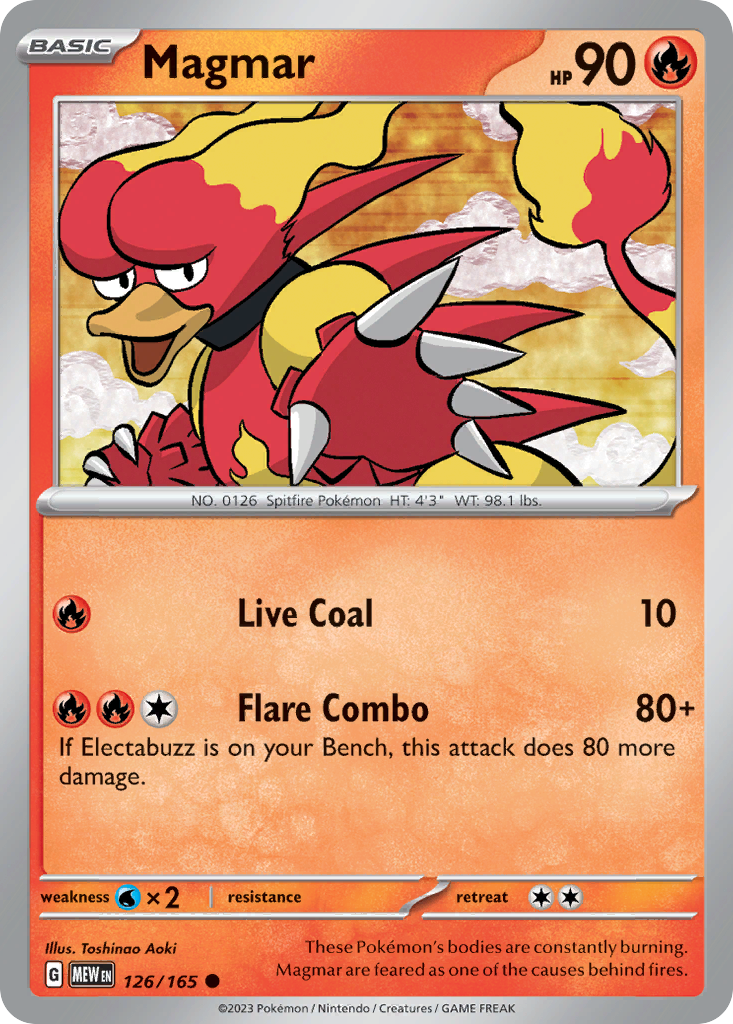 Magmar Fire-type card #126 from Pokemon 151, standing in a bubbling lava pool.