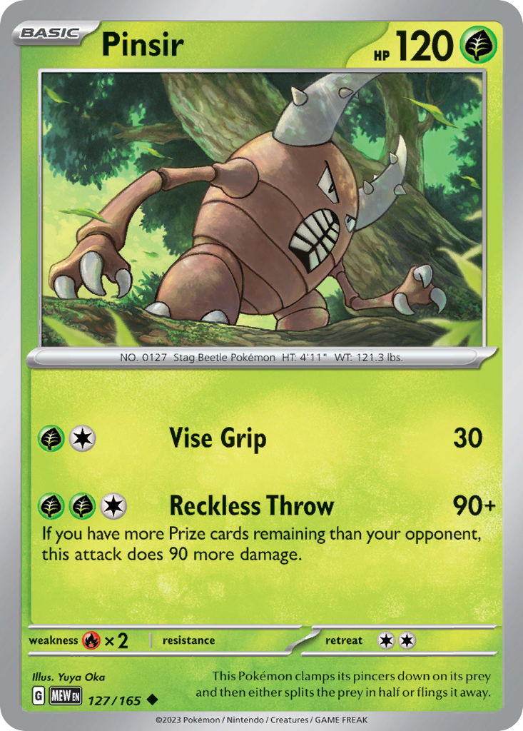 Pinsir Grass-type card #127 from Pokemon 151, a stag beetle with large horns.