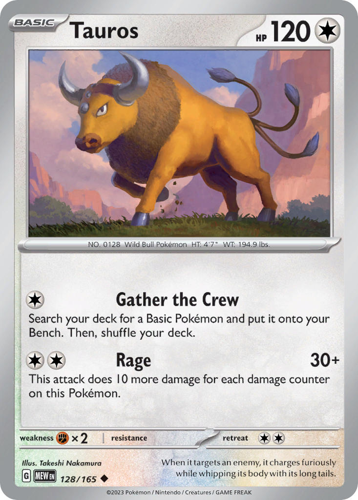 Tauros Colorless-type card #128 from Pokemon 151, a wild bull Pokemon charging.