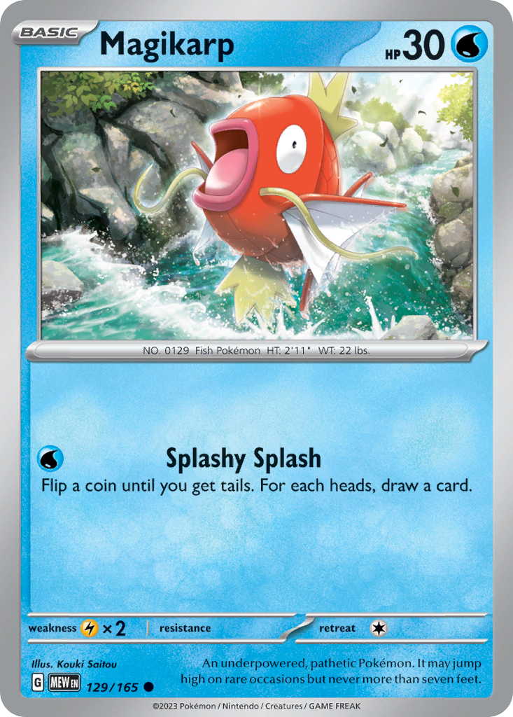 Magikarp Water-type card #129 from Pokemon 151, splashing in a shallow river.