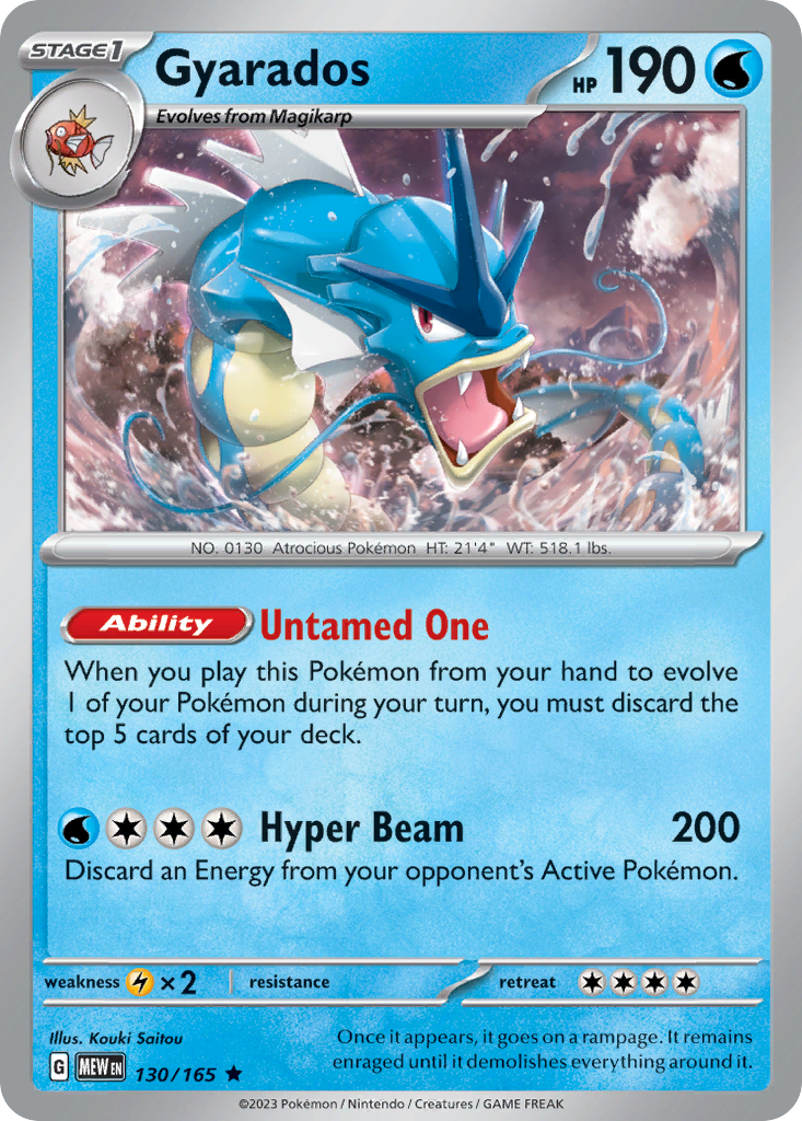 Gyarados Stage 1 card #130 from Pokemon 151, a massive blue sea serpent.