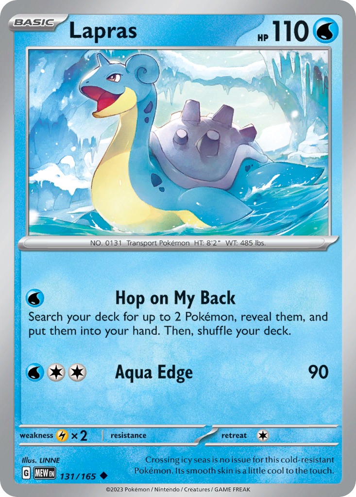 Lapras Water-type card #131 from Pokemon 151, carrying passengers across the sea.