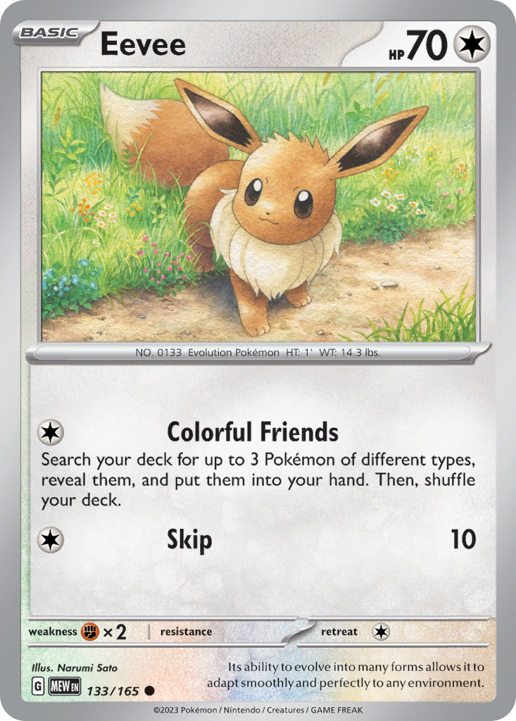 Eevee Colorless-type card #133 from Pokemon 151, sitting playfully in a meadow.